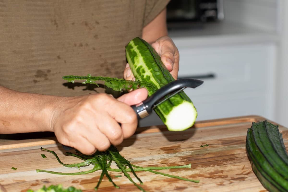 Peeling Okra with peeler