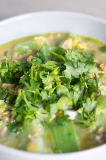 Cambodian Okra and Corn Stew in bowl.